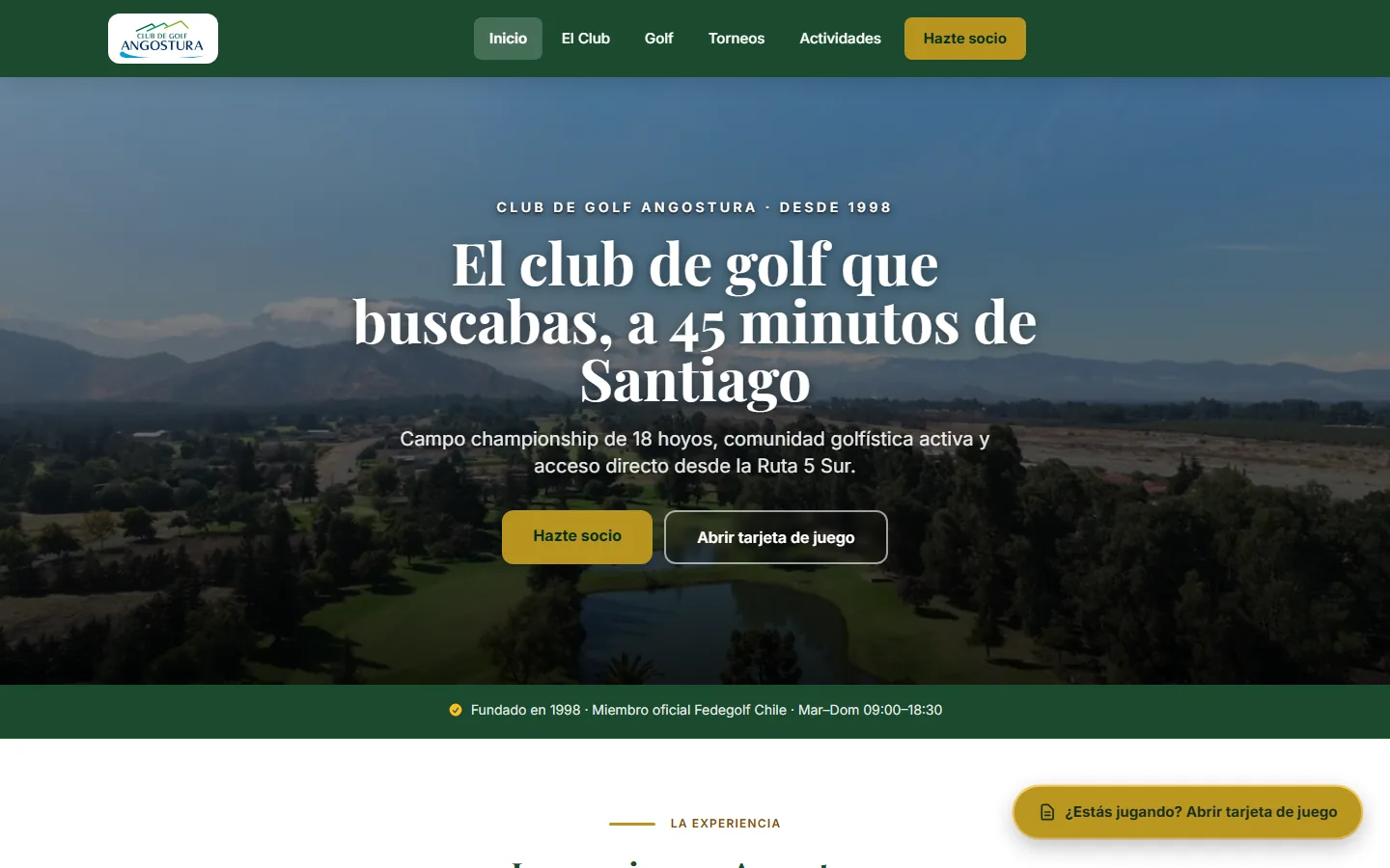 Captura de la página de inicio de Club de Golf Angostura