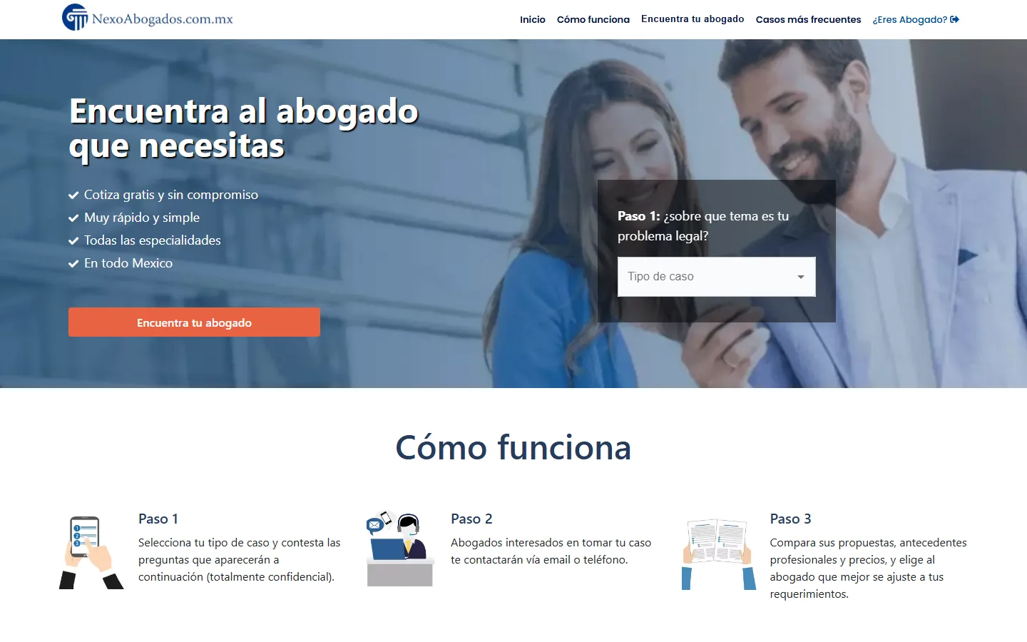 Captura de la página de inicio de NexoAbogados México