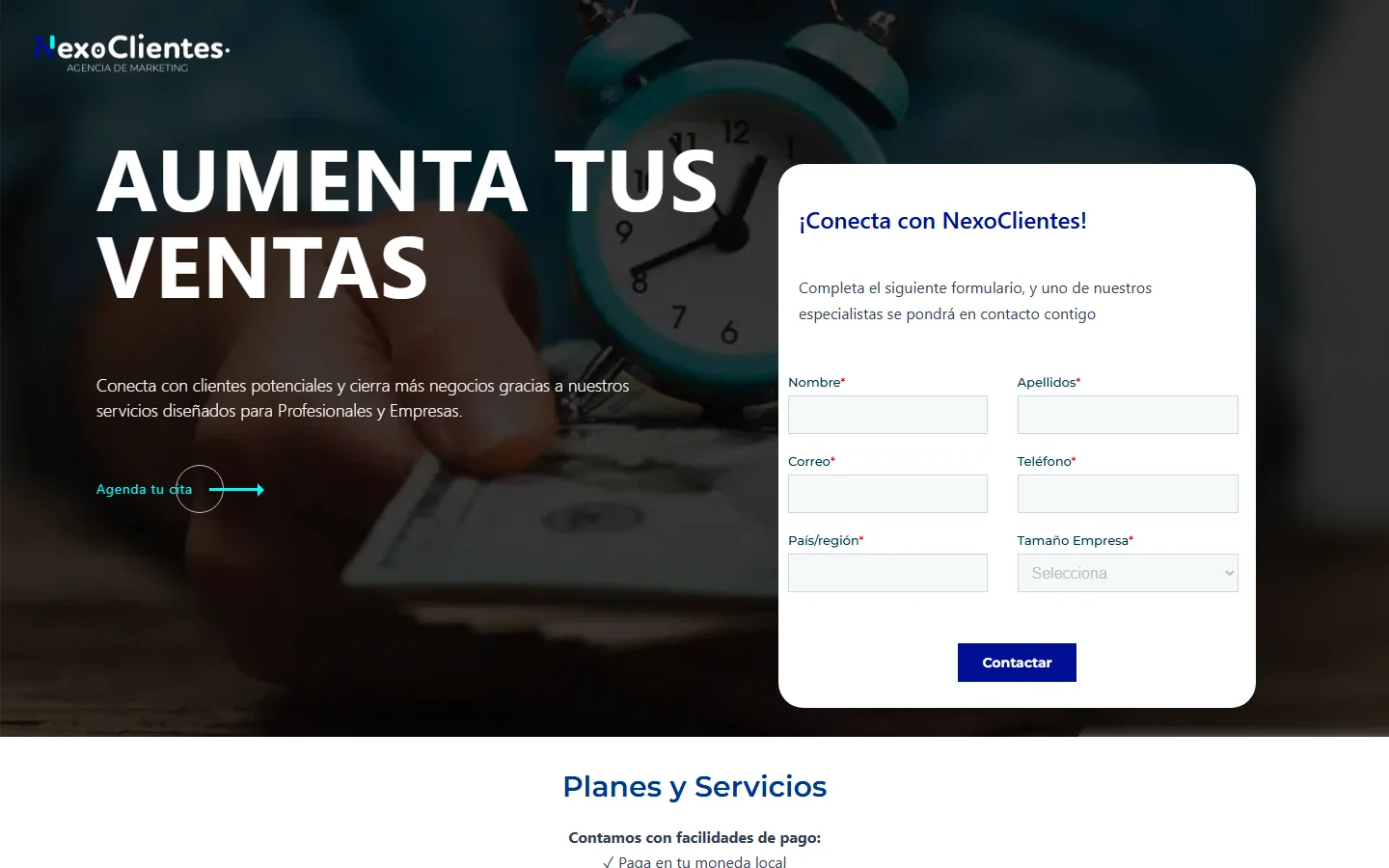 Captura de la página de inicio de NexoClientes